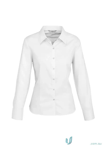 White womens luxe long sleeve premium cotton shirt from Ladies Luxe Premium Cotton LS Shirt