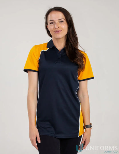 Woman’s navy and gold Ladies McPherson Polo with cooldry moisture management and recycled fibres