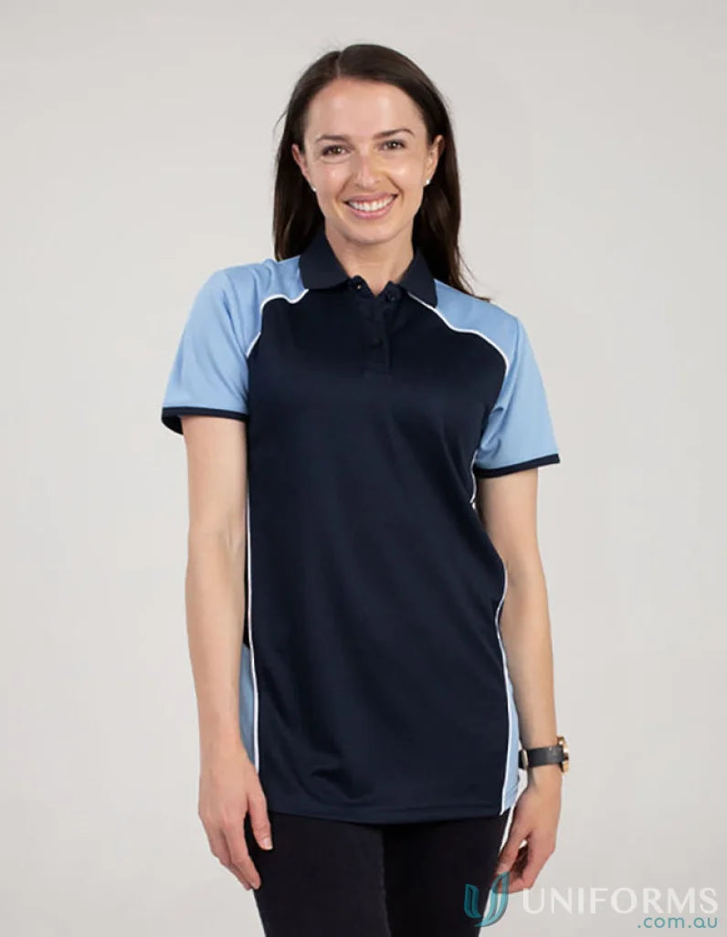 Ladies McPherson Polo in navy and light blue showcasing cooldry moisture management and recycled fibres