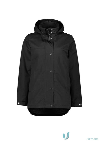 Ladies Melbourne Comfort Jacket RJK265L with black hooded raincoat to stay warm
