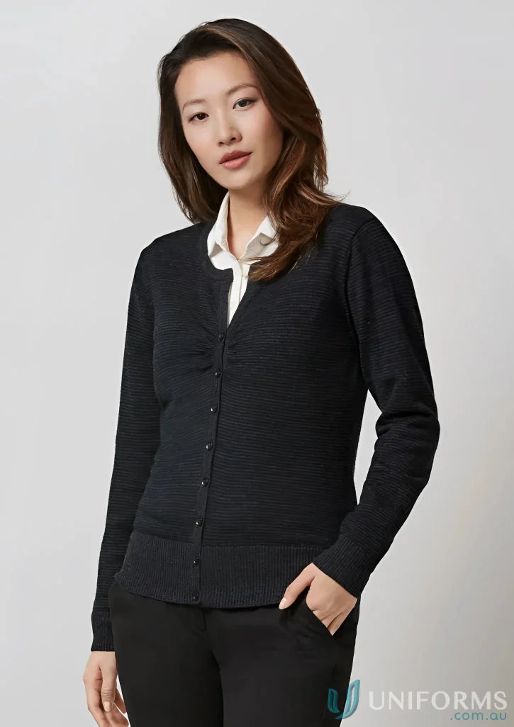 Woman in black ladies Merino cardigan showcasing cozy Merino cardigan style