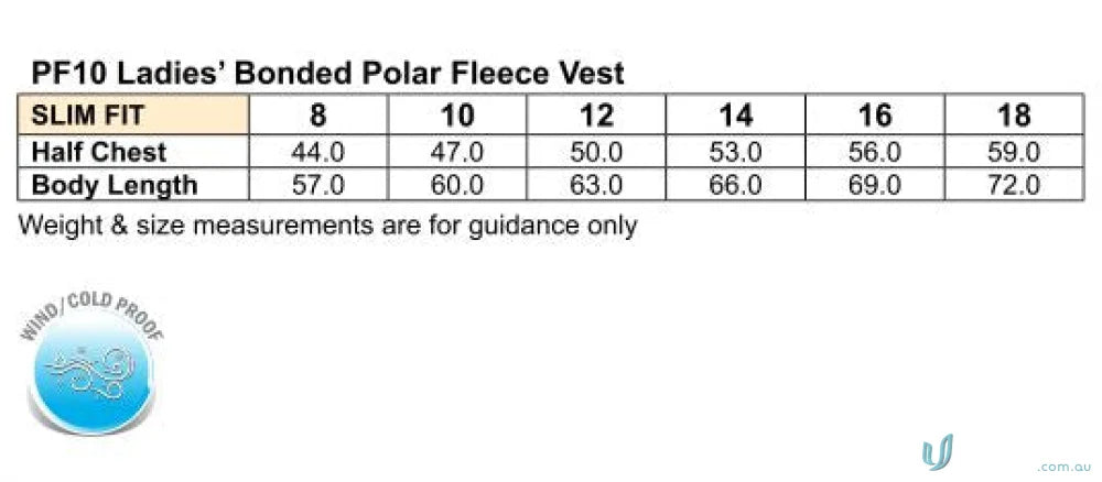Women’s bonded polar fleece vest size chart with measurements for Winning Spirit Ladies Micro fleece