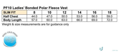 Women’s bonded polar fleece vest size chart with measurements for Winning Spirit Ladies Micro fleece