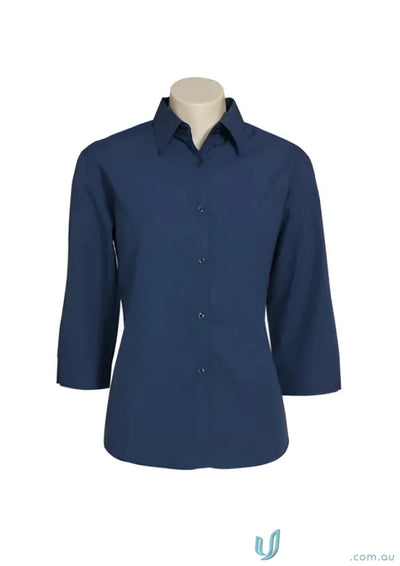 Ladies micro check Navy blue three-quarter sleeve button-down shirt from Biz Collection Ladies