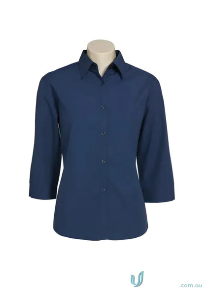Ladies micro check Navy blue three-quarter sleeve button-down shirt from Biz Collection Ladies