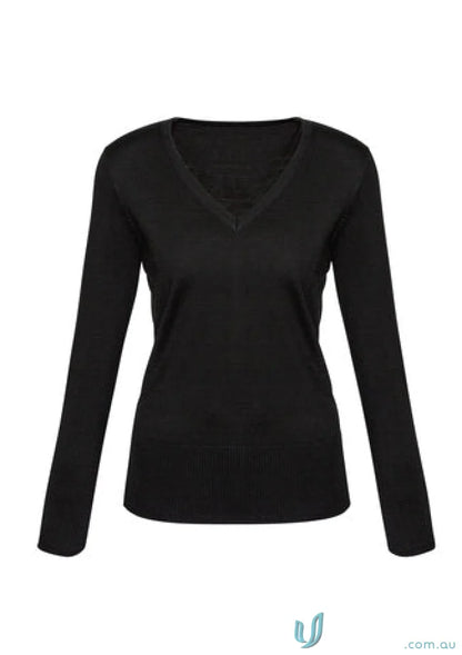 Ladies Milano Merino Wool Knit Jumper with a black long-sleeve V-neck shirt style