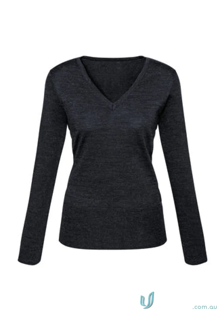 Ladies Milano merino wool V-neck jumper in black long-sleeved milano knit style