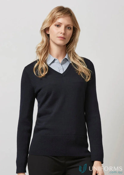 Woman’s navy V-neck sweater from Ladies Milano Knit Jumper collection in merino wool