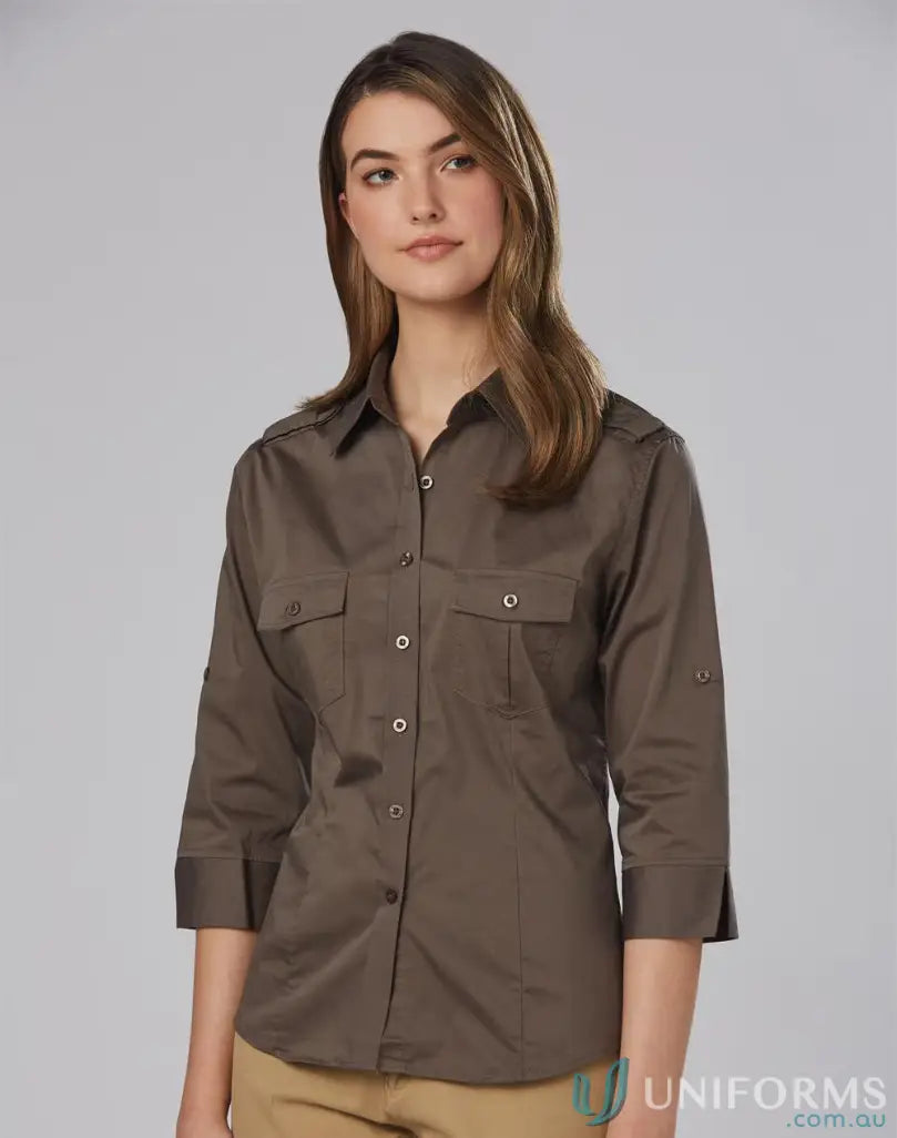 Ladies Military 3Q Shirt with long sleeves in solid brown, perfect for spirit ladies 3Qtr style