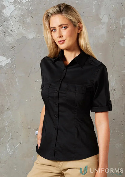 Woman wearing black short-sleeved military shirt from winning spirit ladies M8911 Women’s Short