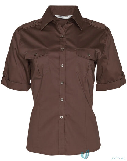 Brown short-sleeved military shirt for women, best for winning spirit ladies fashion