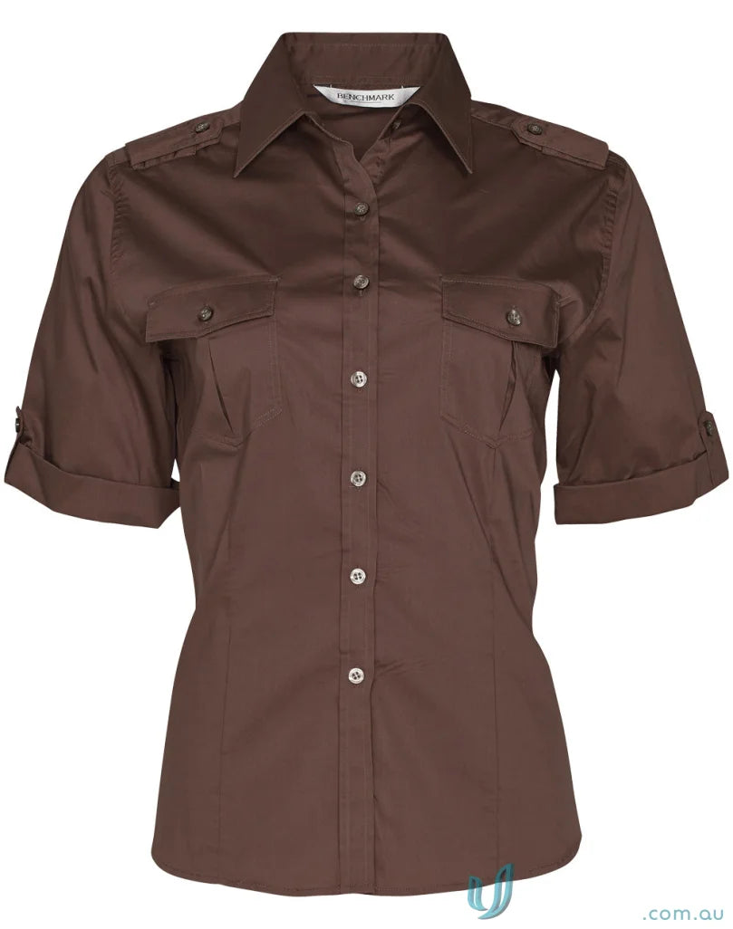Brown short-sleeved military shirt for women, best for winning spirit ladies fashion