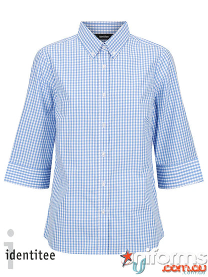 Blue and white checkered Ladies Miller Gingham 3Q Check Shirt for stylish gals
