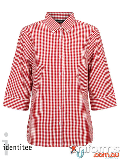 Red and white checkered Ladies Miller Gingham 3Q Check Shirt for a cool casual look