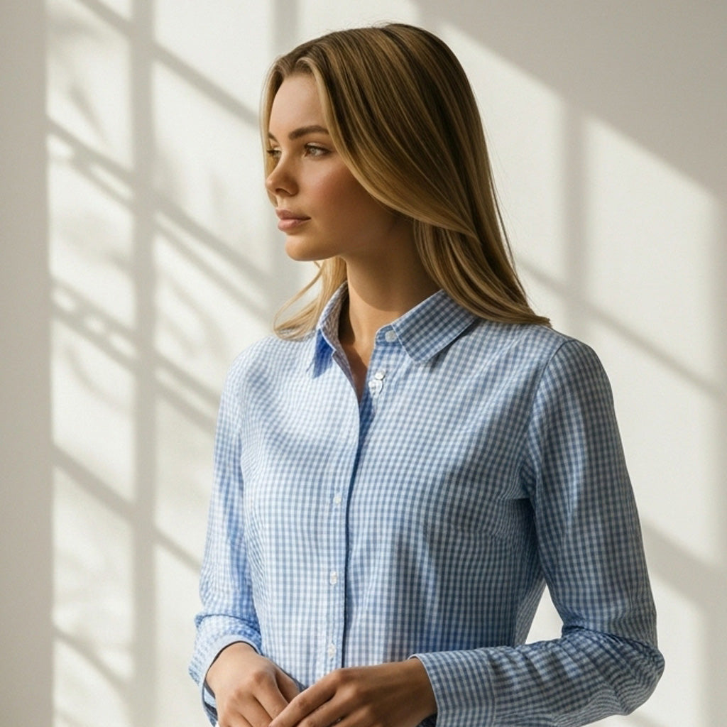 Blue and white gingham check Ladies Miller Gingham Check LS Shirt for workwear or uniforms