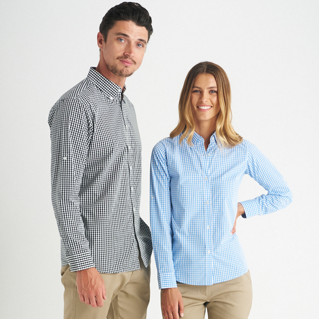 Ladies Miller Gingham Check LS Shirt in navy and white cotton, perfect for uniforms or workwear