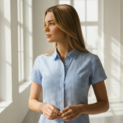 Blue and white gingham check short-sleeve shirt from Ladies Miller Gingham SS Check Shirt for workwear