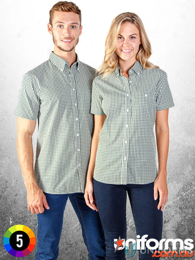 Matching gingham check short-sleeve shirts for ladies, perfect for workwear uniforms