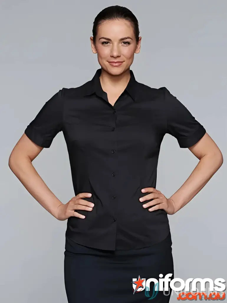 Black short-sleeved button-down shirt from Mosman workwear, perfect for uniforms