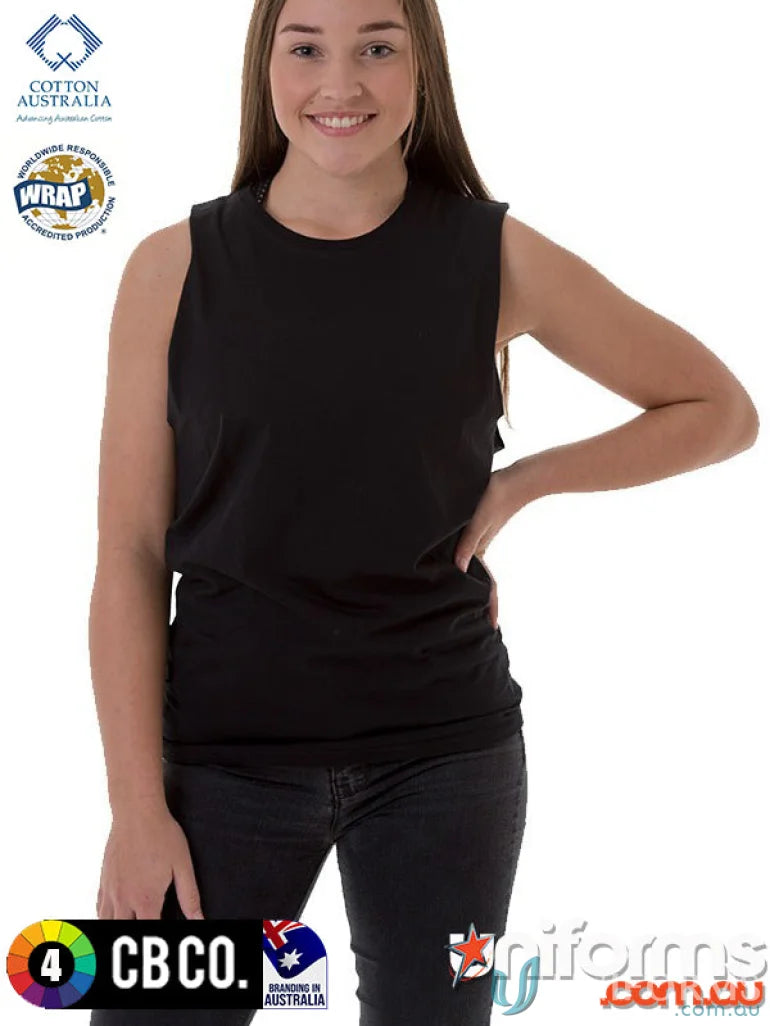 Black Ladies Muscle Tank top worn by a young woman, perfect for measuring size and length