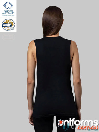 Black sleeveless Ladies Muscle Tank top, perfect for measuring size and length