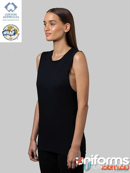 Black Ladies Muscle Tank with wide U-neck and deep armholes, perfect for measuring size and length