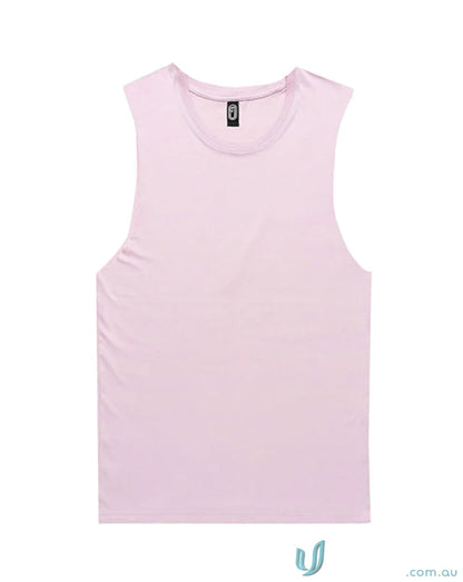 Light pink Ladies Muscle Tank with black neck label, perfect fit to measure size and length