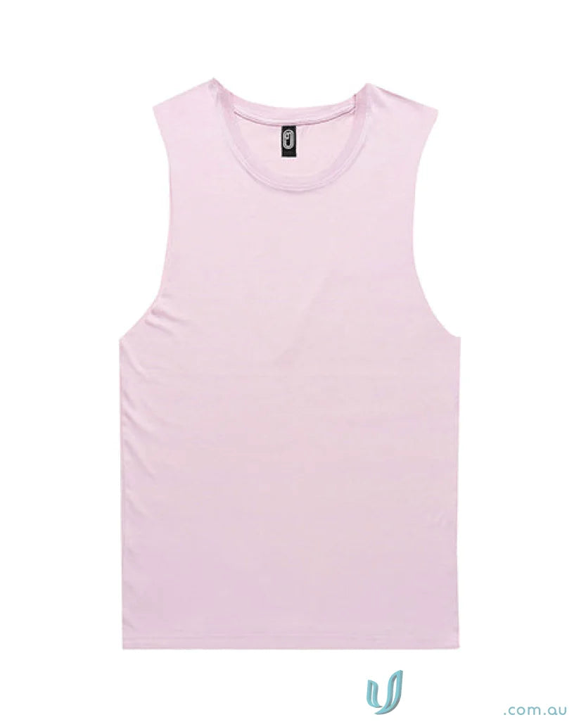 Light pink Ladies Muscle Tank with black neck label, perfect fit to measure size and length