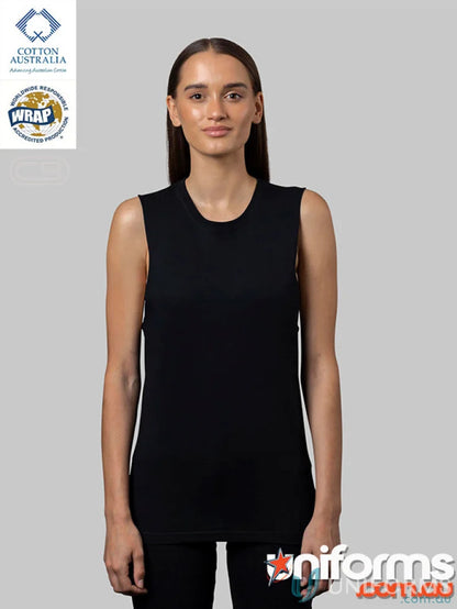 Black Ladies Muscle Tank top on a woman, perfect measure for size and length