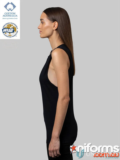 Woman modeling a fitted black sleeveless Ladies Muscle Tank, perfect for measuring size and length