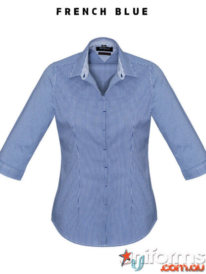 Blue gingham ladies Newport 3qtr shirt perfect for retail staff and everyday uniform