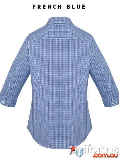 Ladies Newport 3Qtr Shirt in blue and white checkered for retail staff or everyday wear