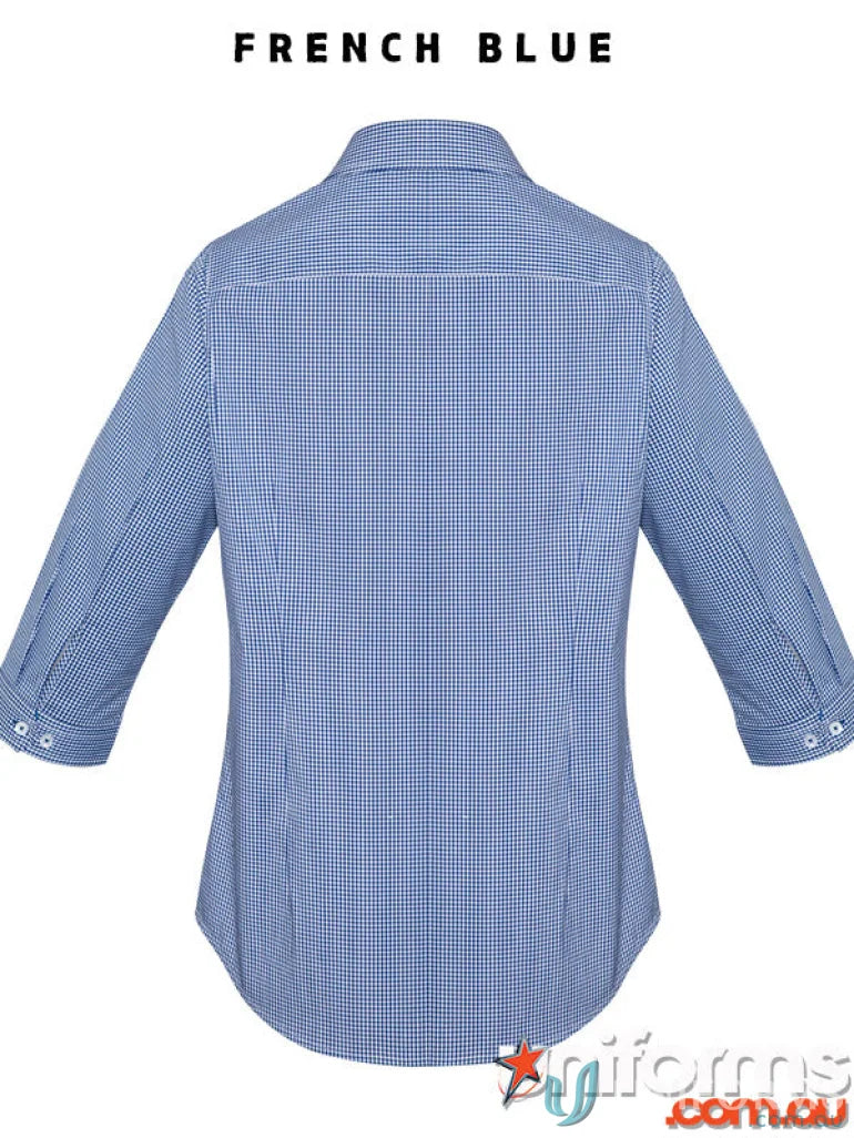 Ladies Newport 3Qtr Shirt in blue and white checkered for retail staff or everyday wear