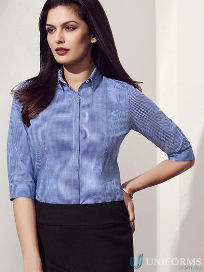 Ladies Newport 3Qtr shirt in blue and white checkered for retail staff or everyday wear