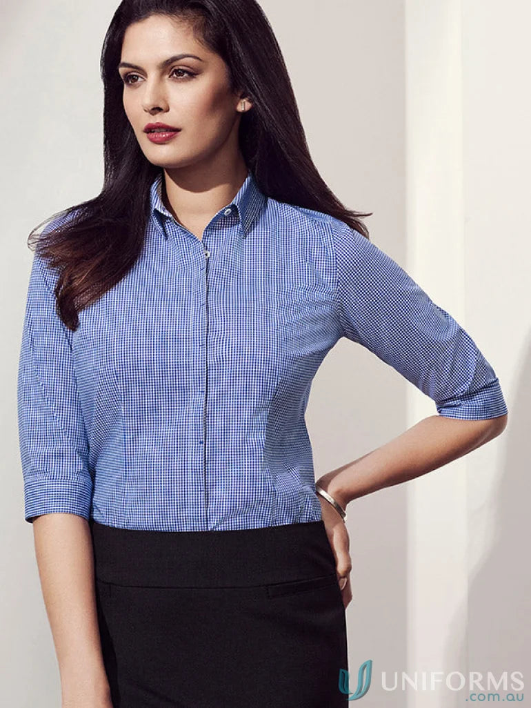 Ladies Newport 3Qtr shirt in blue and white checkered for retail staff or everyday wear