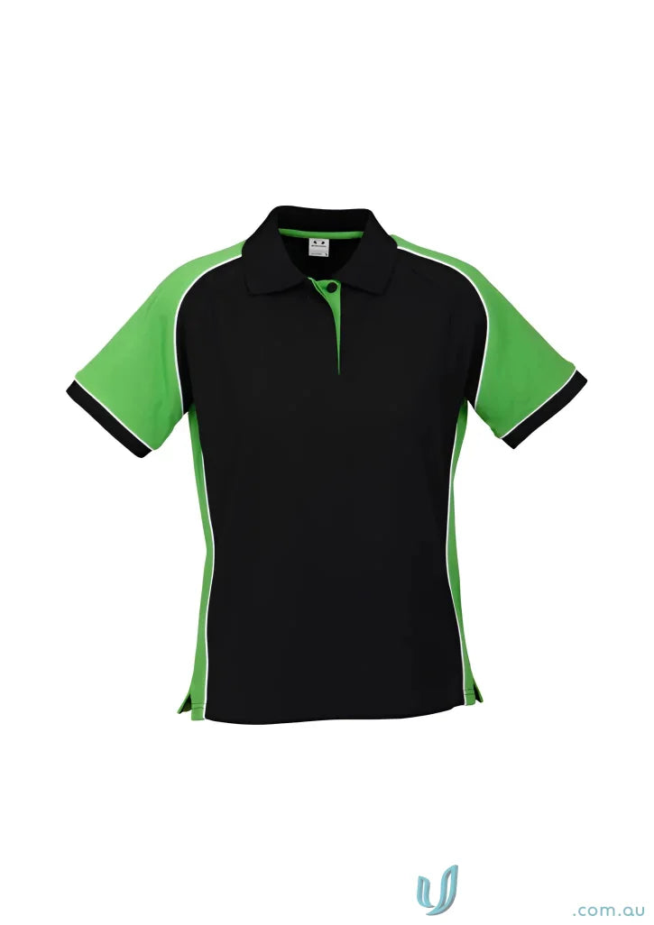 Ladies Nitro short sleeve polo in black and lime green cotton pique knit