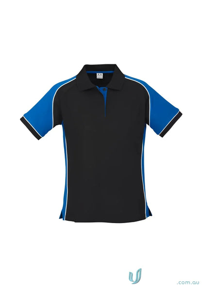Ladies Nitro short sleeve polo in cotton pique knit with black and royal blue accents
