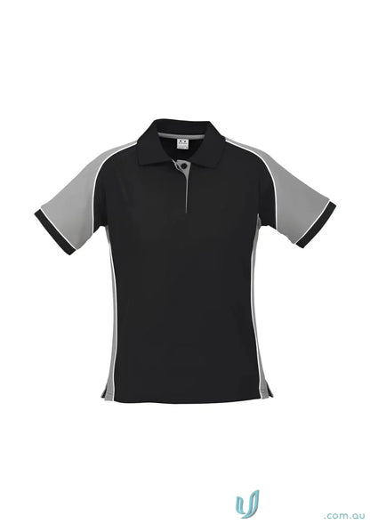 Ladies Nitro short sleeve polo in cotton pique knit with black and gray design