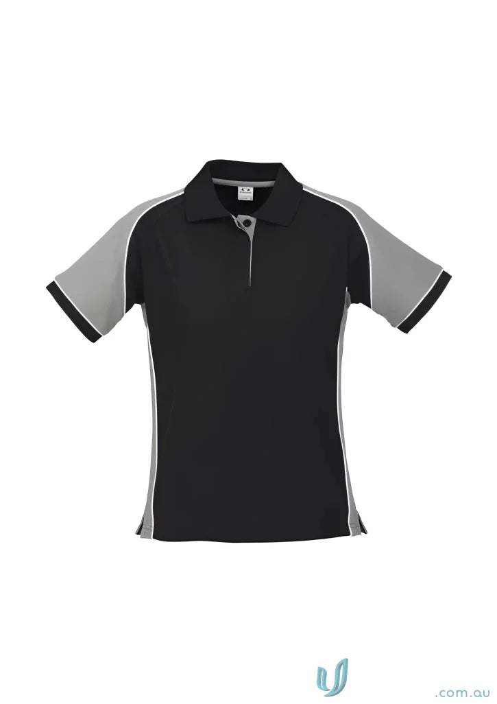 Ladies Nitro short sleeve polo in cotton pique knit with black and gray design