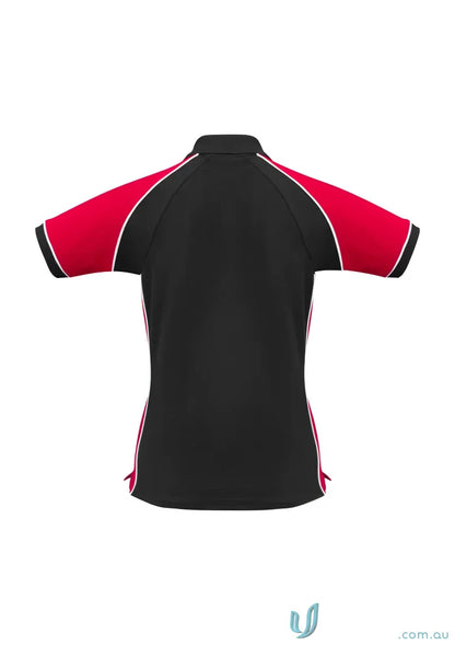 Ladies Nitro short sleeve polo shirt with red shoulder panels and white piping in cotton pique knit