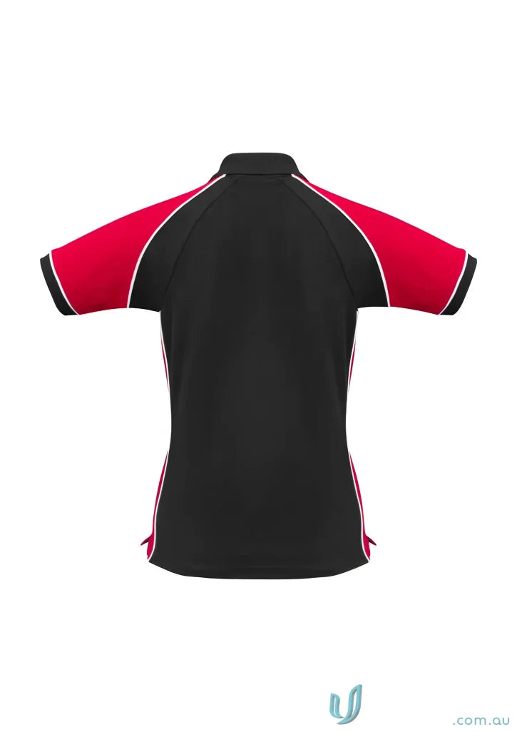 Ladies Nitro short sleeve polo shirt with red shoulder panels and white piping in cotton pique knit