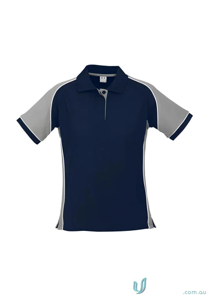 Ladies Nitro short sleeve polo in navy blue and gray cotton pique knit with white piping