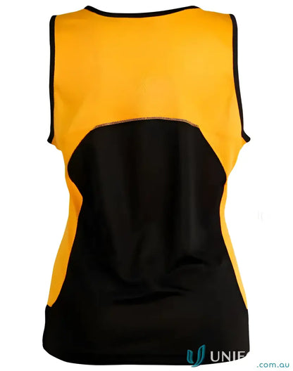 Black and gold ladies Noosa Performance Singlet sprint tee for active workouts