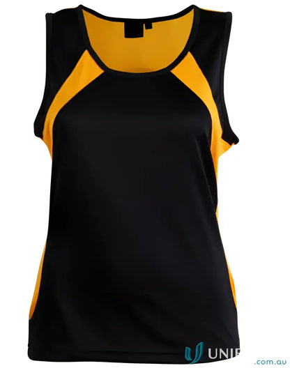 Black and gold ladies Noosa Performance Singlet sprint tee for active workouts