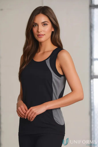 Ladies Noosa Performance Singlet black and gray sprint tee for workout and workwear