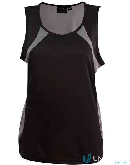 Black and grey ladies Noosa Performance Singlet sprint tee for active workouts