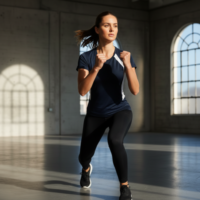 Woman in Ladies Noosa sprint tee, navy blue top with black leggings
