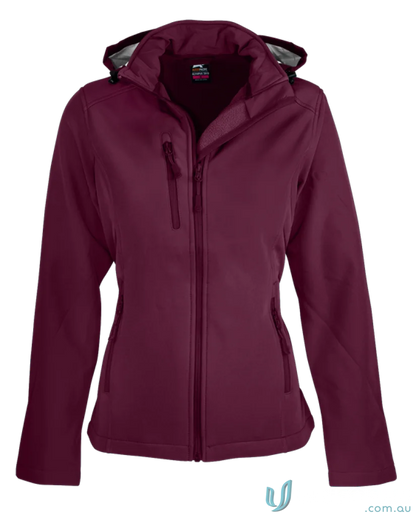 Ladies Olympus Jacket Burgundy hooded softshell with chest zip pocket for outdoor ease