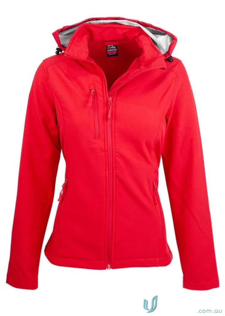 Ladies Olympus Jacket with red hood, 3-layer performance softshell and chest zip pocket
