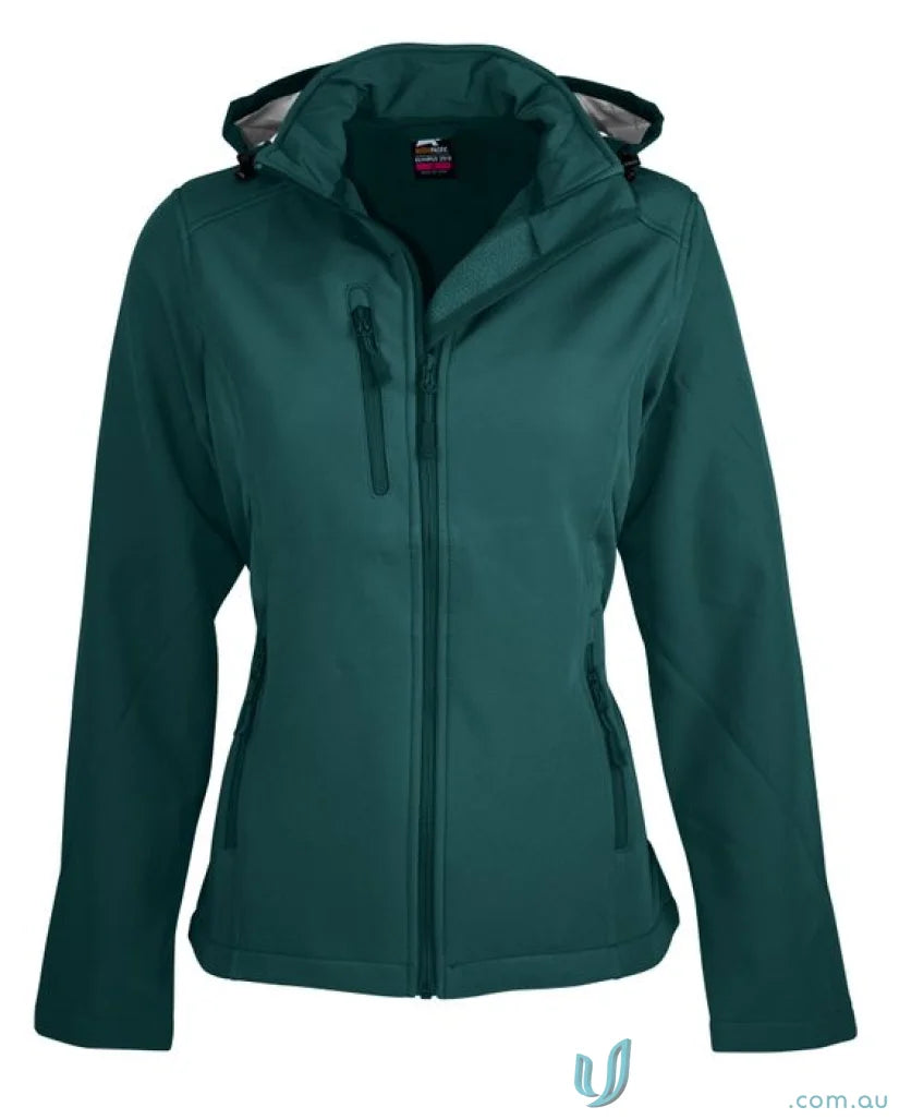Ladies Olympus Jacket teal hooded 3-layer performance softshell with chest zip pocket